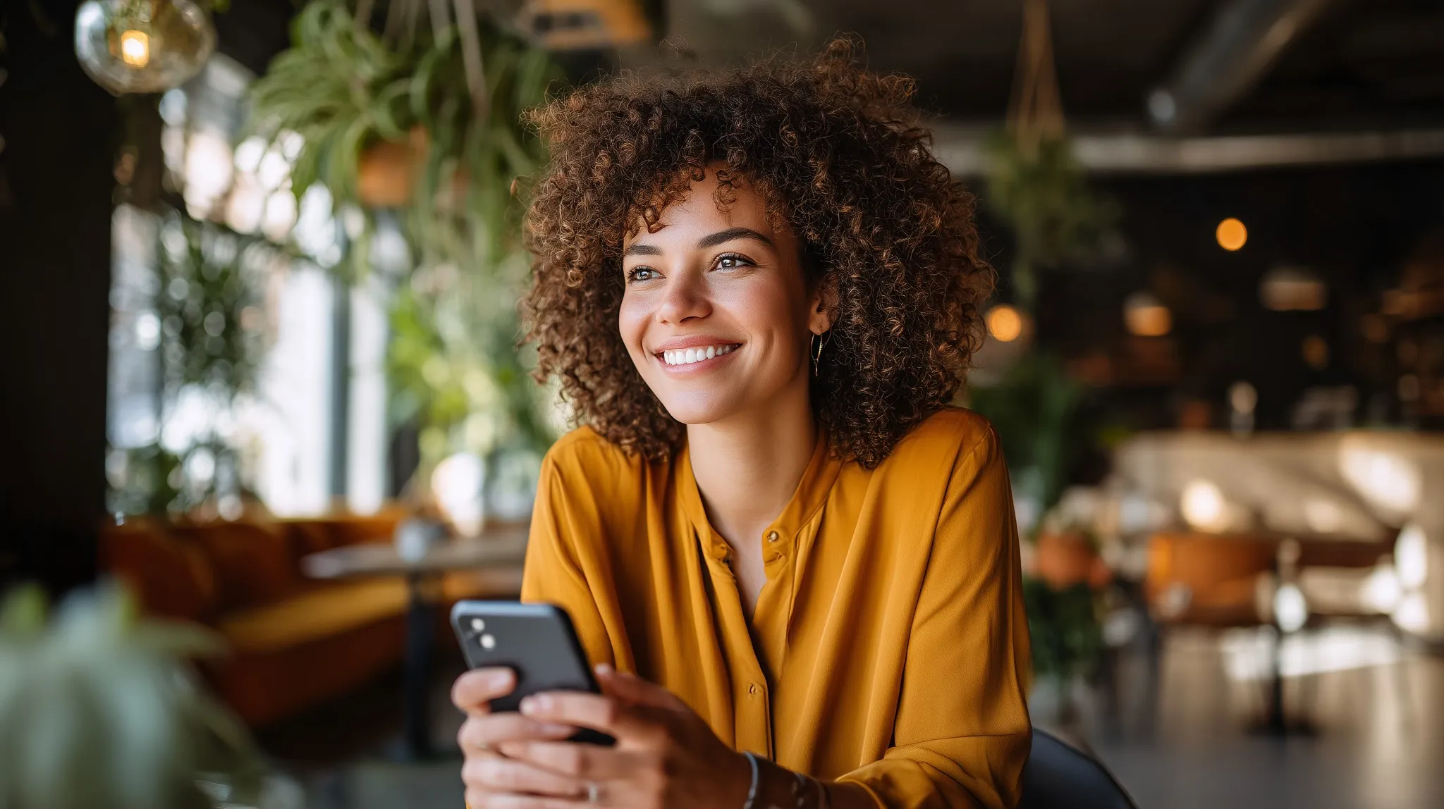 Businesswoman posting Google review on smartphone in trendy café