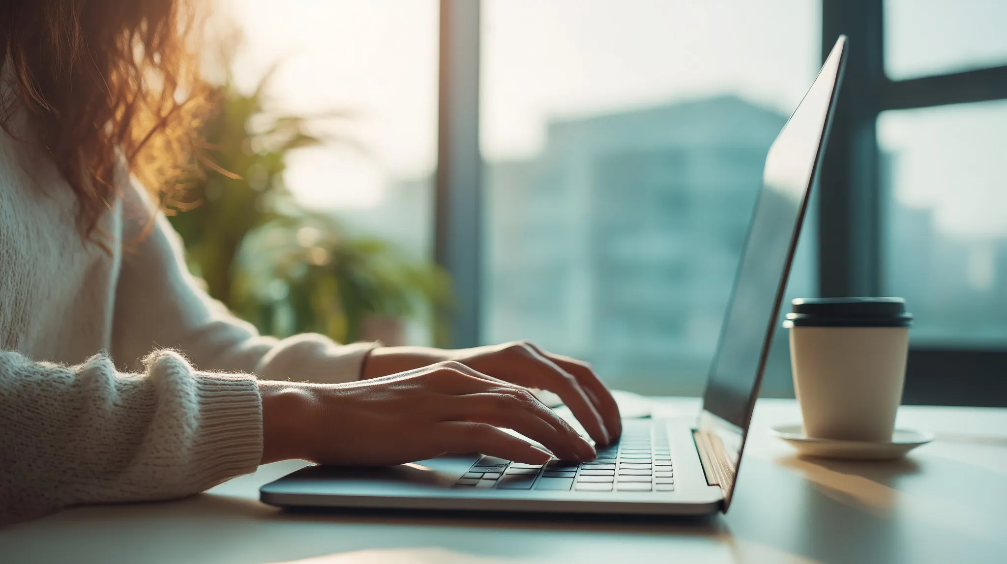 Young professional woman typing Google review on laptop in home office.