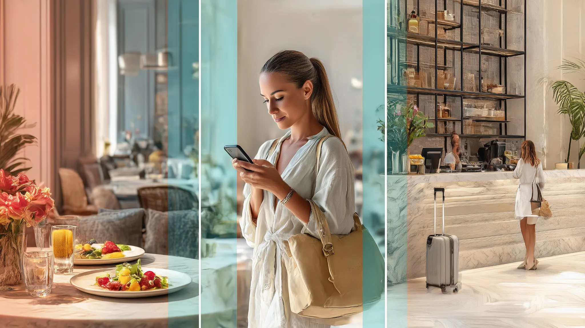 Collage of women reviewing restaurant, shopping, and hotel