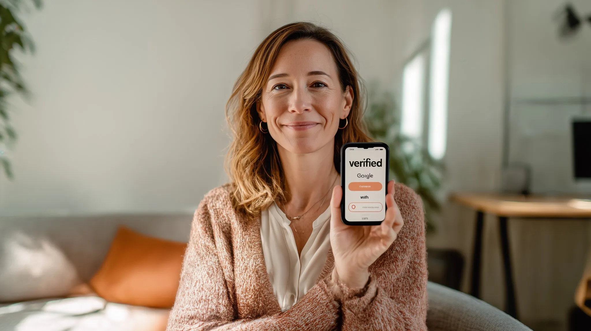 Woman showing verified Google review badge on phone in office