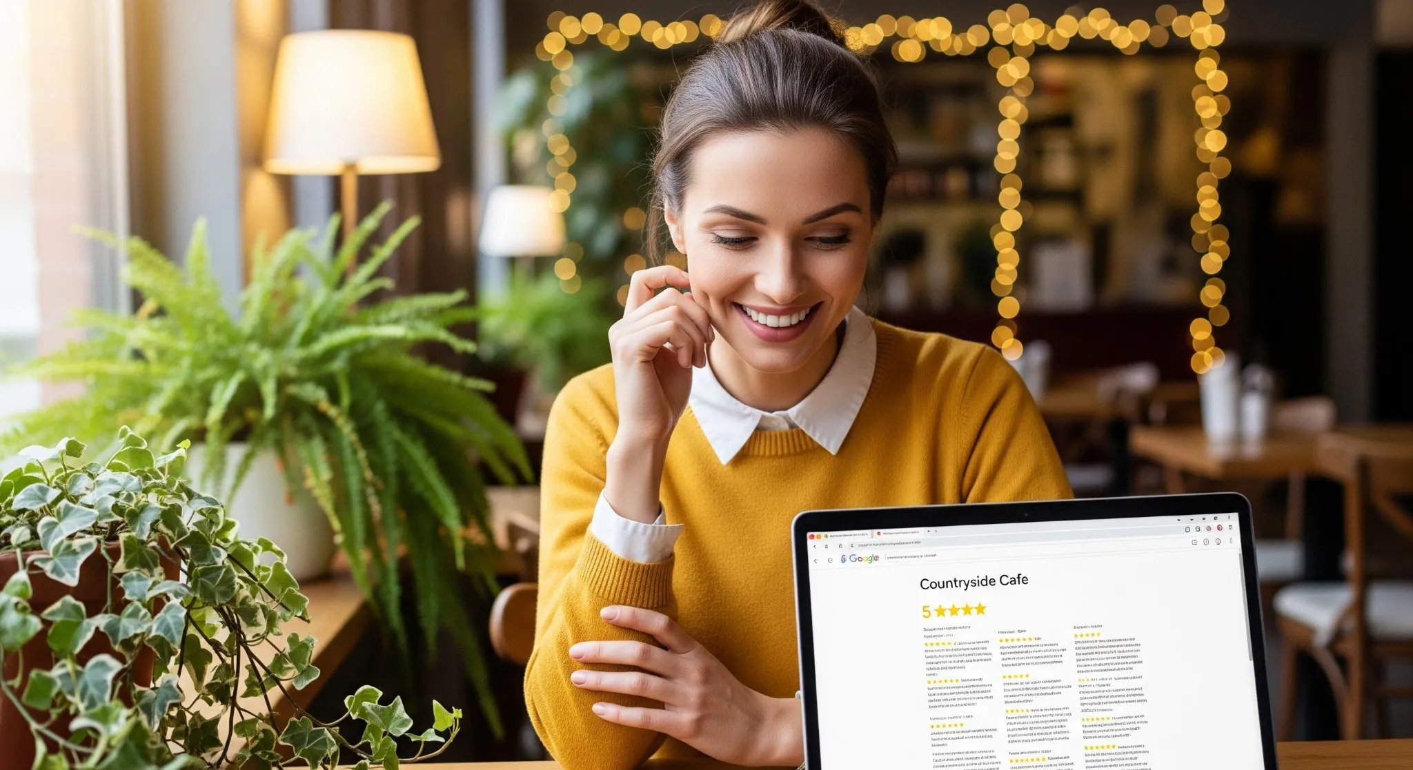 Female entrepreneur checking 5-star Google rating on laptop.