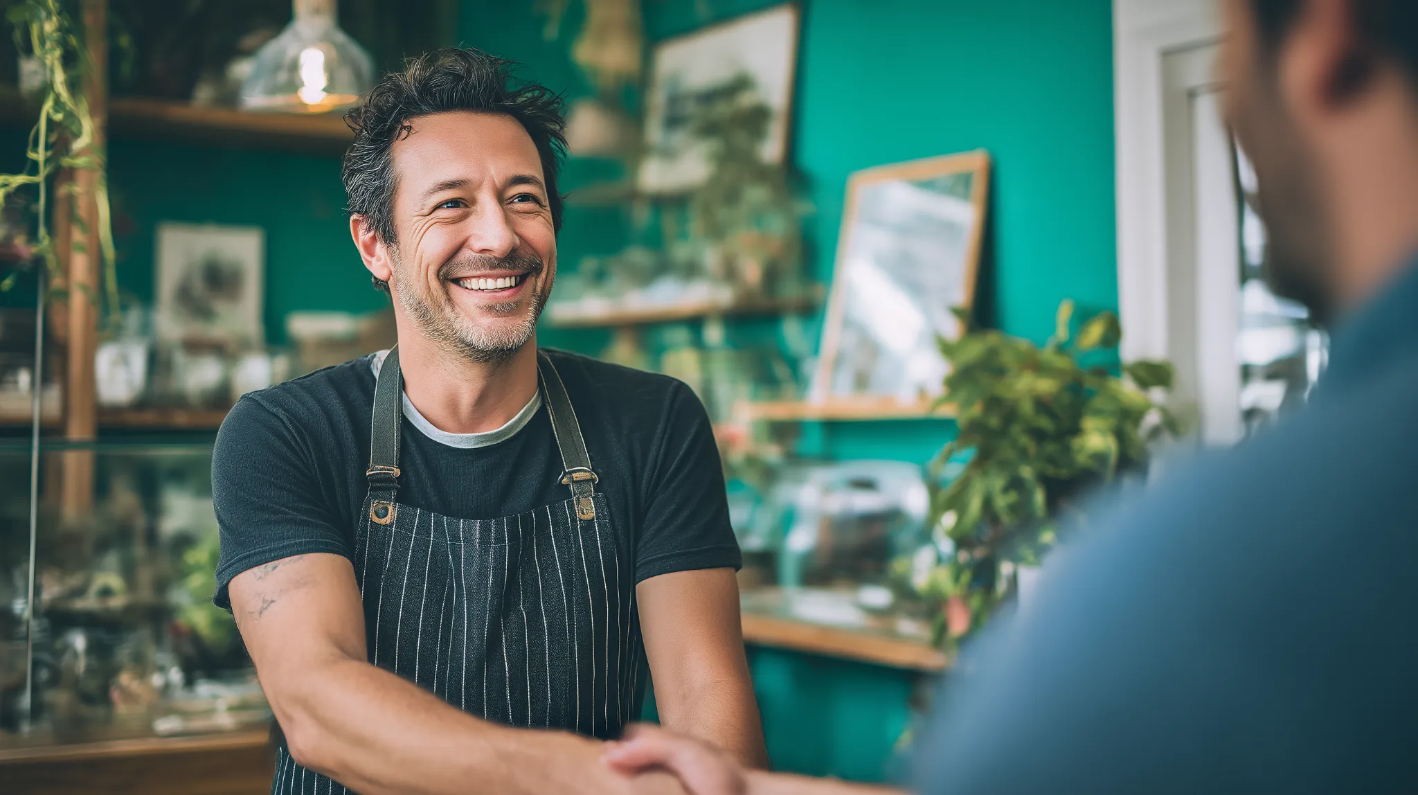 A male small business owner smiling while greeting a customer in a cozy shop with subtle teal green accents