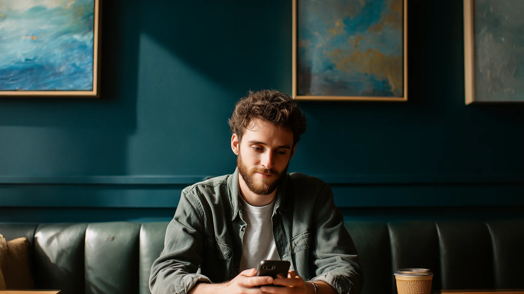 A man in a coffee shop thoughtfully checking Google reviews on his smartphone with dark teal background details