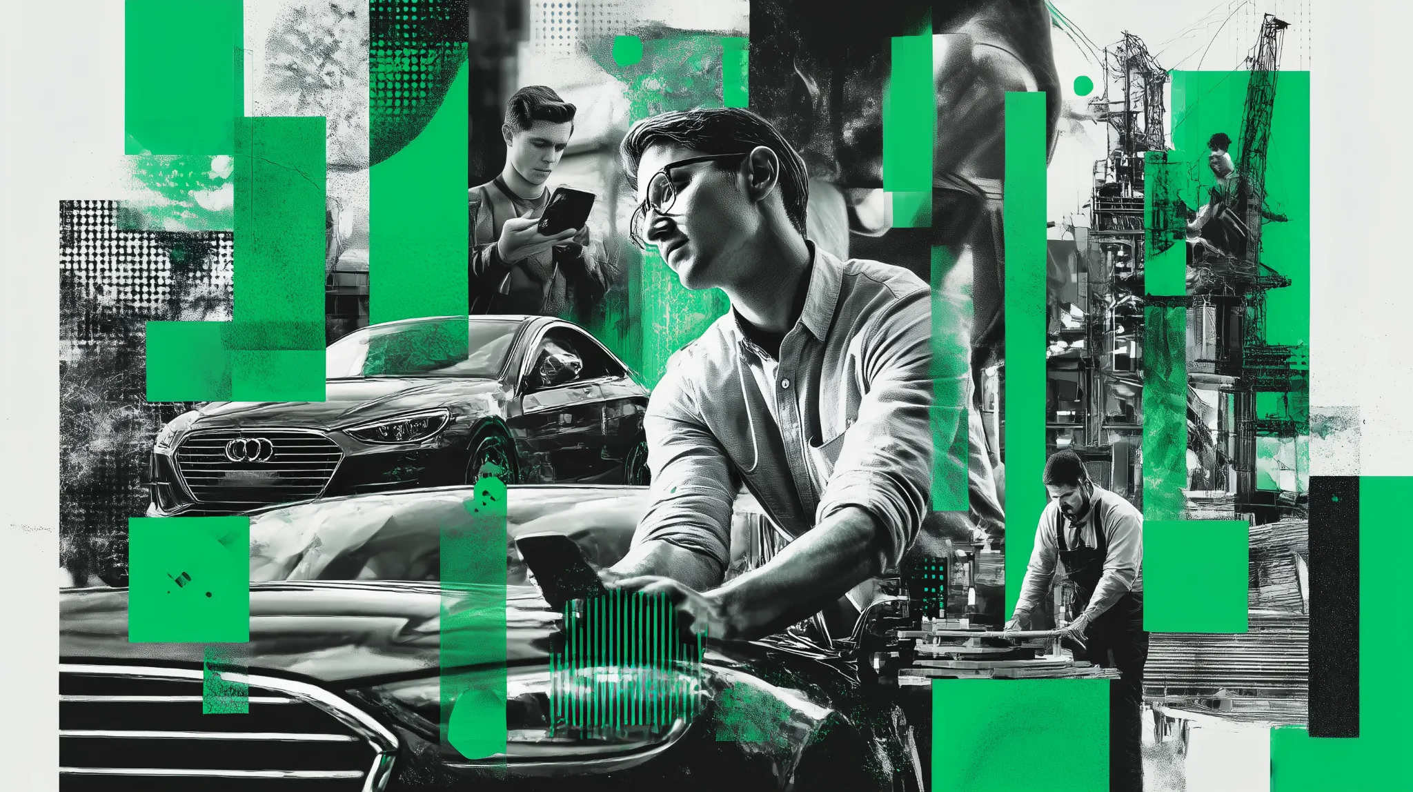 Collage of men in different settings — car dealership, tech store, gym, and construction site — with emerald green highlights