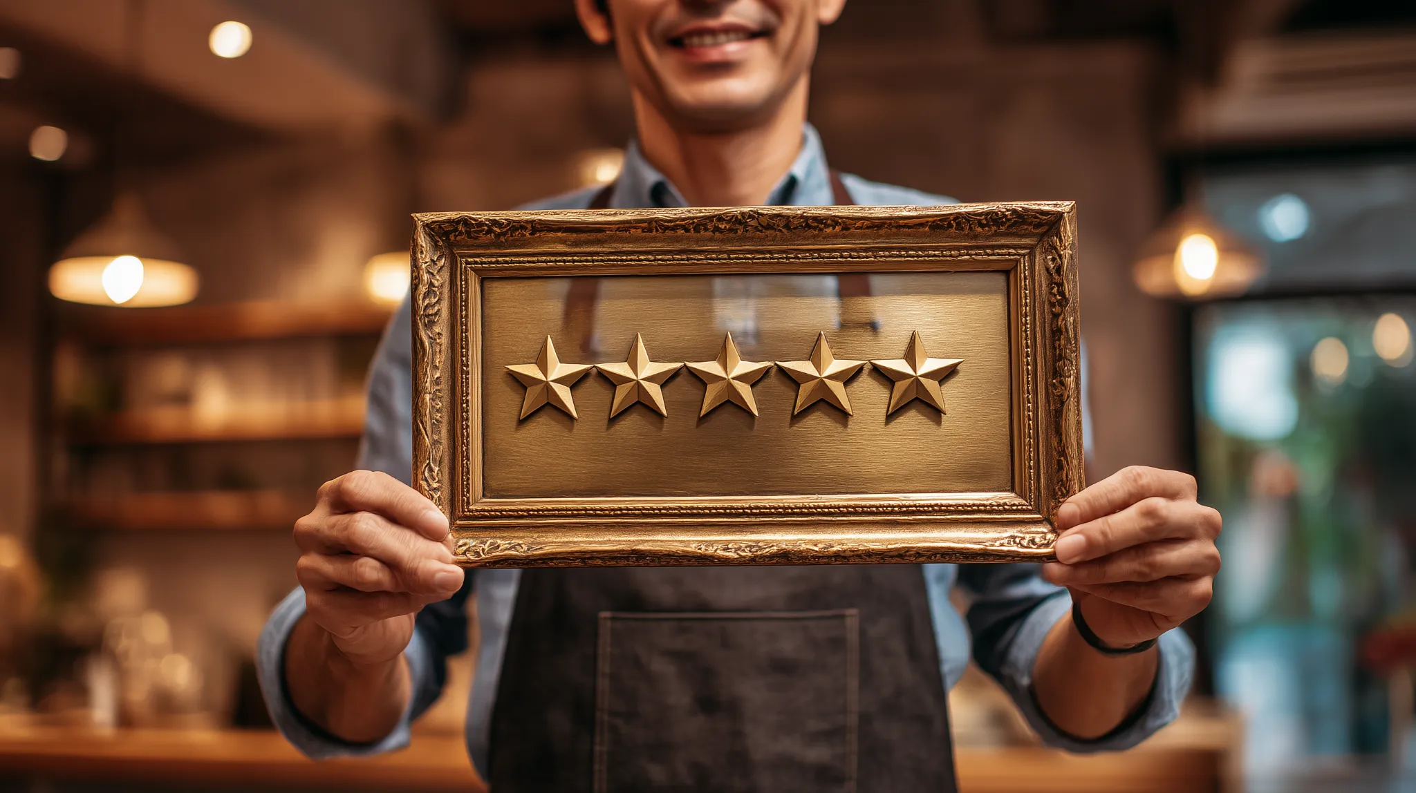 A male shop owner proudly holding a framed award plaque