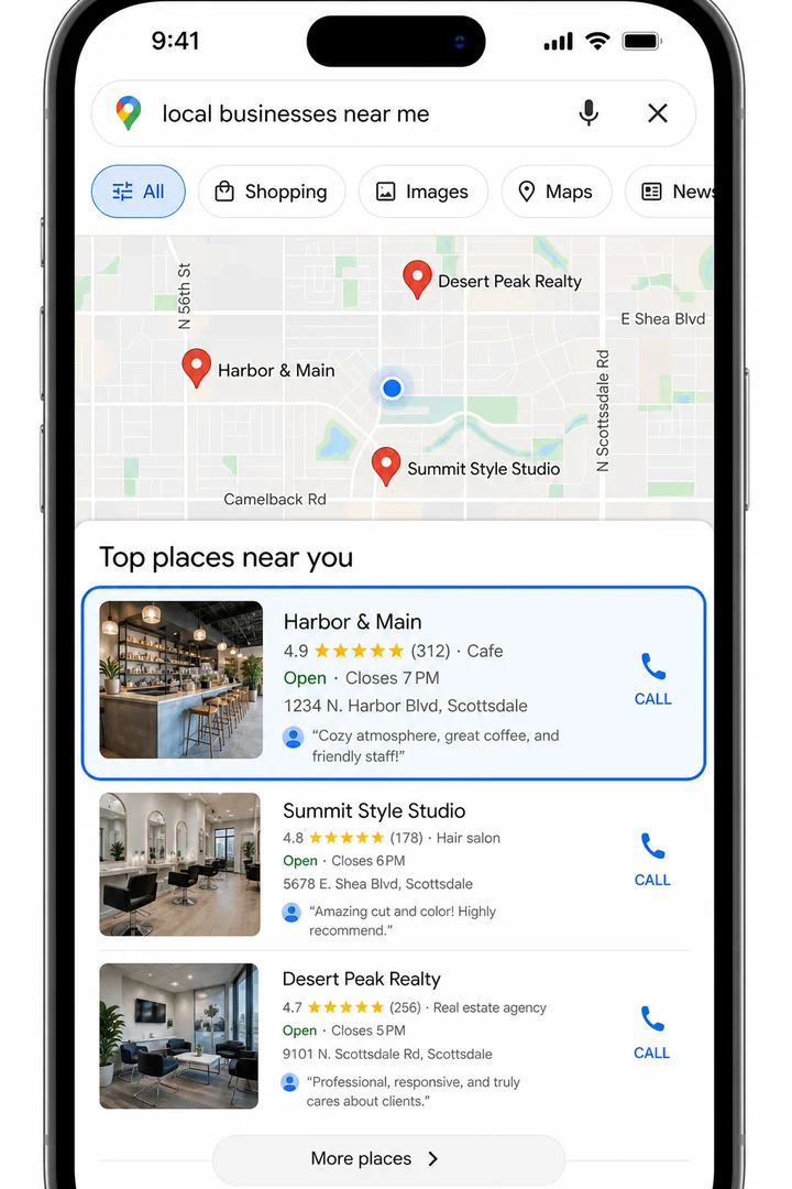 Google local search results after optimization