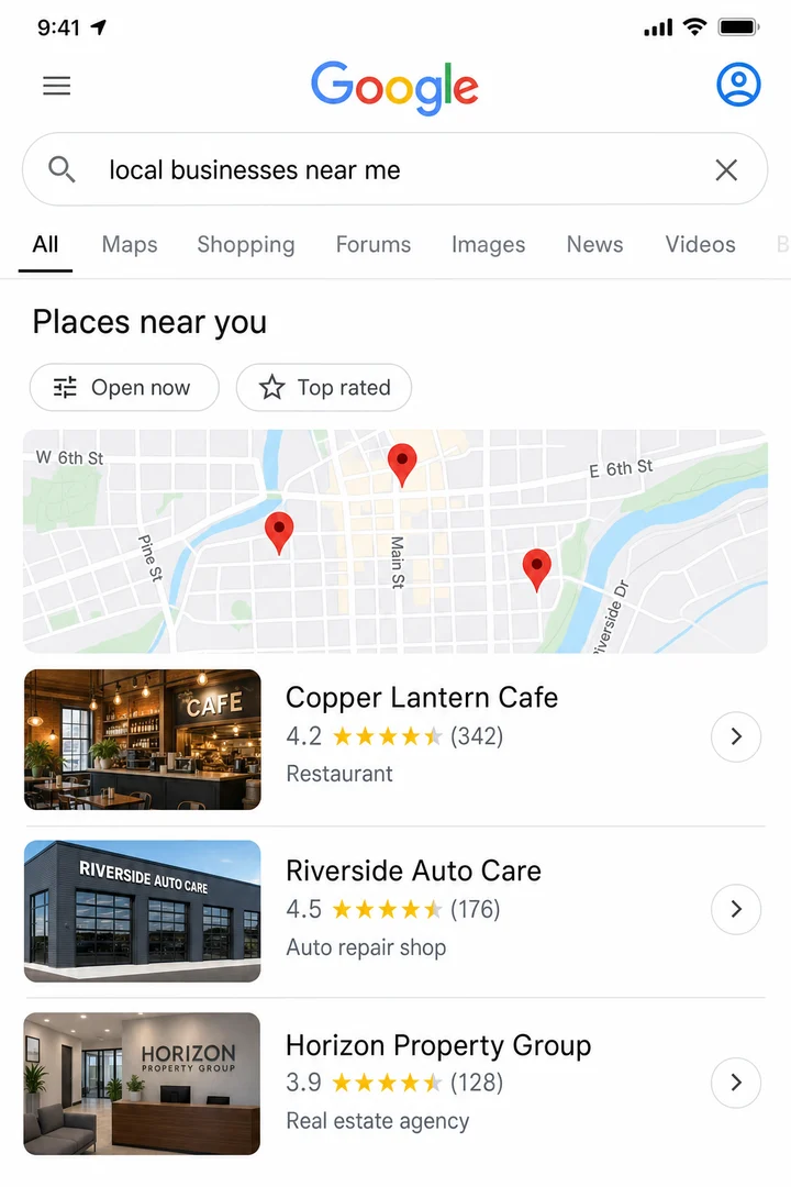 Google local search results before optimization