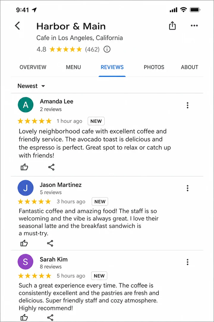 Google Business Profile reviews tab showing review growth