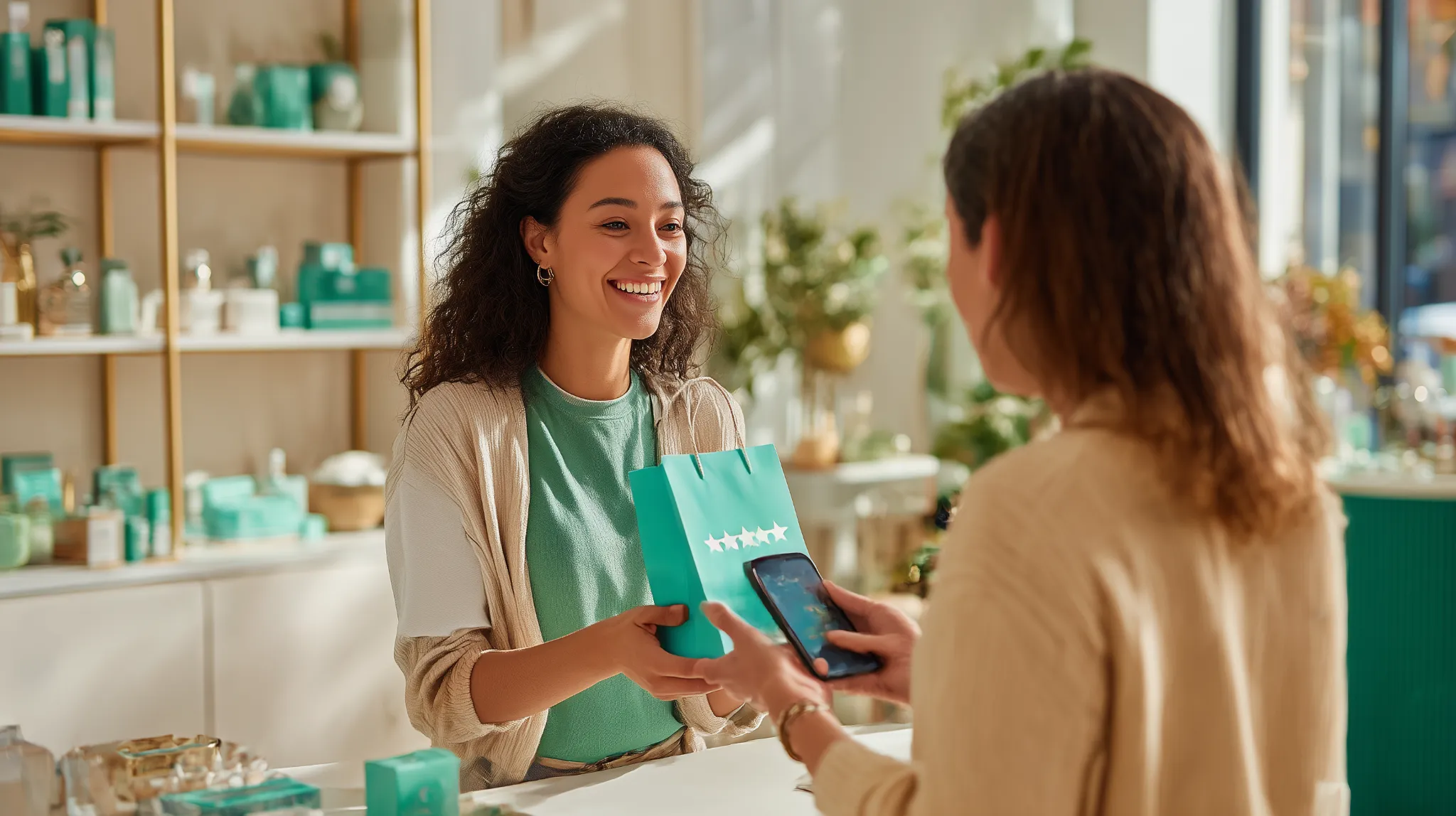 Store clerk giving a bag to a happy customer.