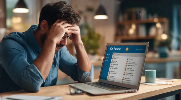 Frustrated business owner viewing a one-star Google review on laptop