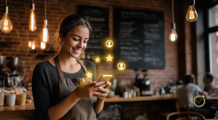 A smiling barista in a cozy café looks at her phone, glowing with golden review icons symbolizing trusted Local Guides.