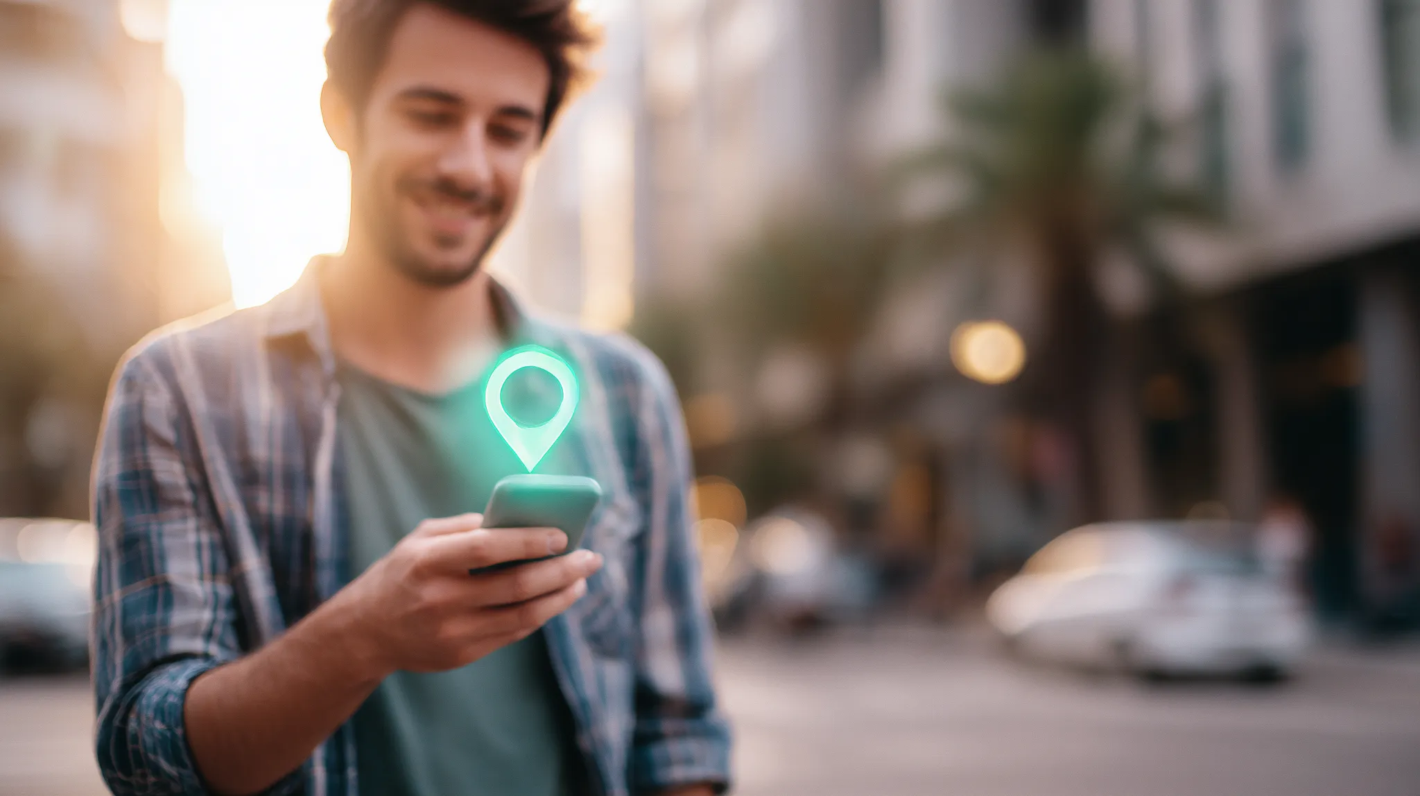 A young man outdoors holding his phone with a glowing soft mint Google Maps pin above it